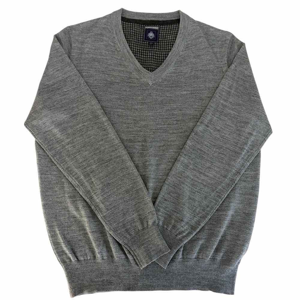 POINT ZERO COLLECTION Grey Merino Blend V-Neck Knit Sweater Large - Picture 5 of 14